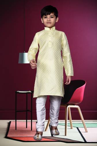 Boy's lemon yellow printed  kurta pyjama