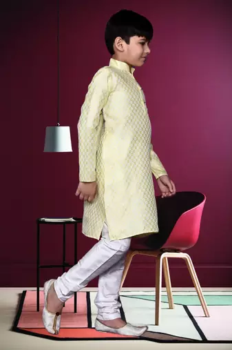 Boy's lemon yellow printed  kurta pyjama