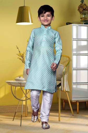 Boy's sky blue printed  kurta pyjama