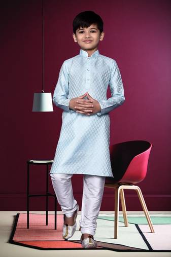 Boy's sky blue printed  kurta pyjama