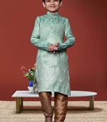 Boy's sea green woven  kurta pyjama