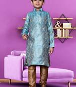 Boy's sky blue woven  kurta pyjama