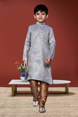 Boy's grey woven  kurta pyjama 1