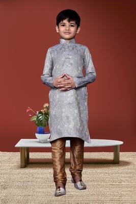Boy's grey woven  kurta pyjama 2