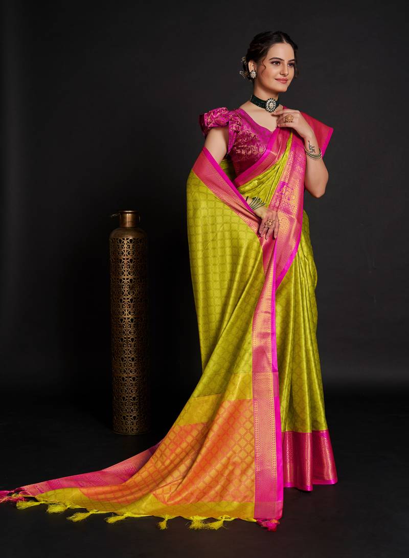 Lemon Woven Silk Blend Party Wear Saree With Blouse