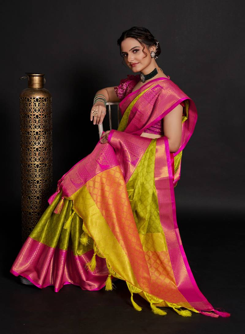 Lemon Woven Silk Blend Party Wear Saree With Blouse