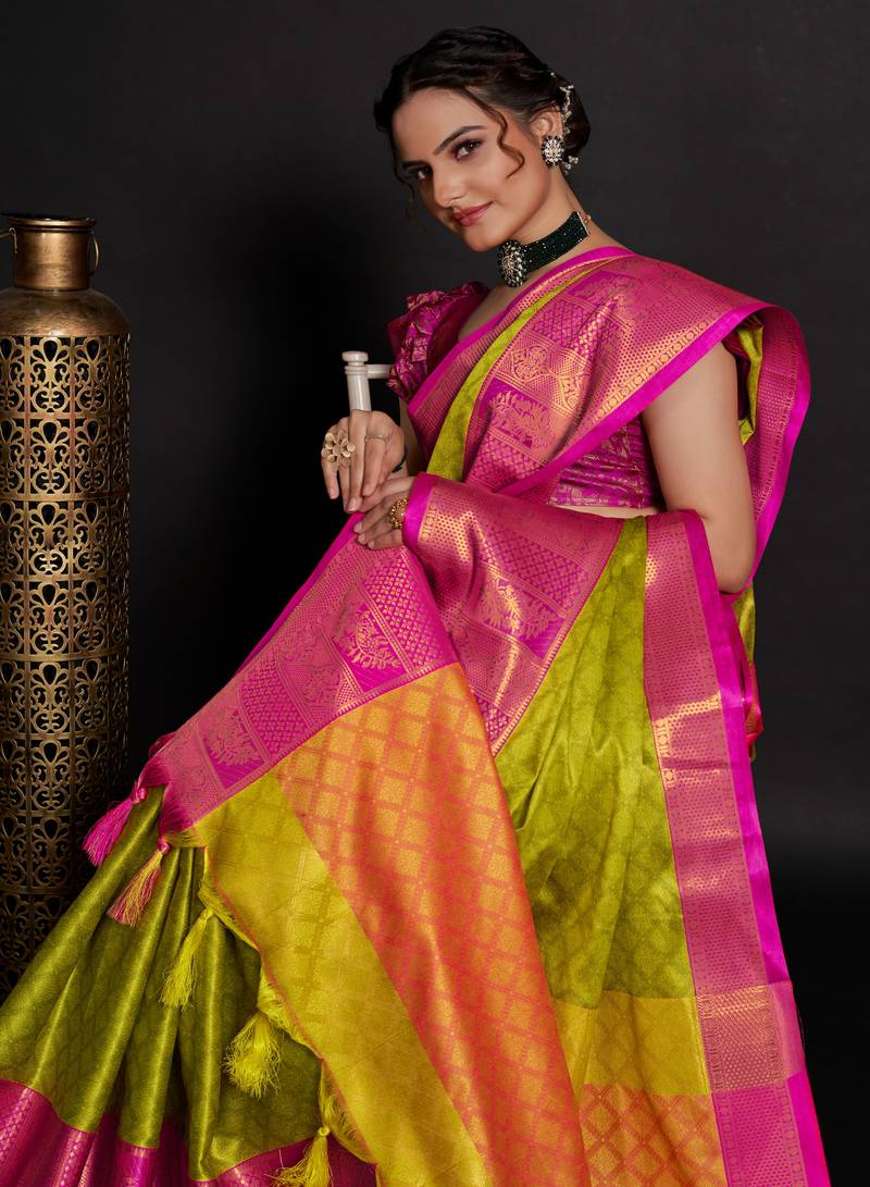 Lemon Woven Silk Blend Party Wear Saree With Blouse