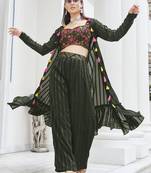 Dark green georgette mirror with embroidered work festival jacket shrug style salwar suit plazzo