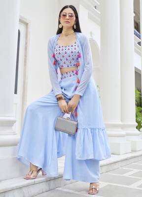 Sky blue georgette mirror with embroidered work festival jacket shrug style salwar suit plazzo 1