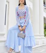 Sky blue georgette mirror with embroidered work festival jacket shrug style salwar suit plazzo