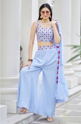 Sky blue georgette mirror with embroidered work festival jacket shrug style salwar suit plazzo 2