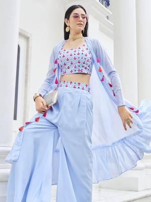 Sky blue georgette mirror with embroidered work festival jacket shrug style salwar suit plazzo 4
