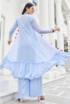 Sky blue georgette mirror with embroidered work festival jacket shrug style salwar suit plazzo 5