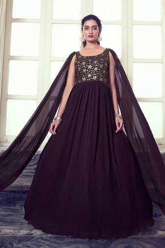Purple thread and sequince embroidered work georgette anarkali salwar suit with fancy shoulder dupatta stitched gown