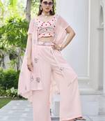Baby pink georgette mirror with embroidered work festival jacket shrug style salwar suit plazzo
