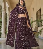PURPLE METALIC FOIL WITH CRUSH PATTERN GEORGETTE FESTIVE & PARTY WEAR LEHENGA CHOLI WITH FANCY SHOULDER DUPATTA