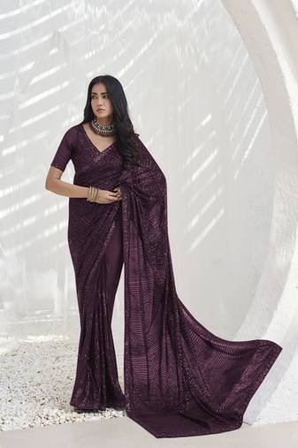 Wine Embroidered Georgette Sari With Blouse Fabric
