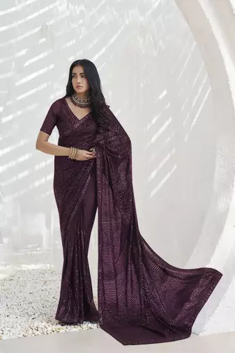 Wine Embroidered Georgette Sari With Blouse Fabric