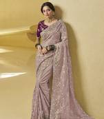 Light Purple Embroidered Net Sari With Blouse Fabric