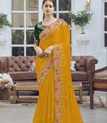 Yellow Embroidered Fancy Fabric Sari With Blouse Fabric