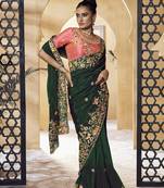 Dark Green Embroidered Fancy Fabric Sari With Blouse Fabric