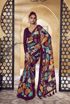 Multicolor Embroidered Fancy Fabric Sari With Blouse Fabric 1