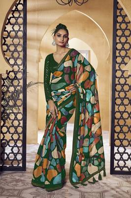 Multicolor Embroidered Fancy Fabric Sari With Blouse Fabric 1