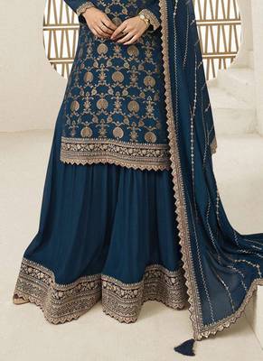 Chinnon jacquard teal blue zari embroideteal blue palazzo suit 2