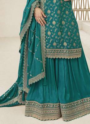 Chinnon jacquard turquoise zari embroideturquoise palazzo suit 2