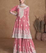 Pink Embroidered Art Silk Stitched Anarkali Suit Free size full stitched Up To 42" Size