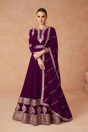 Wine Embroidered Georgette Stitched Anarkali Suit Up To 42" Size