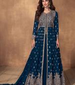 Teal Embroidered Georgette Stitched Anarkali Suit Free size full stitched Up To 42" Size
