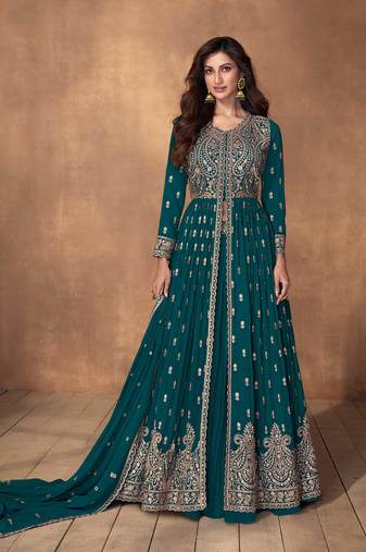 Teal Blue Embroidered Georgette Free Size Stitched Anarkali Suit. (Size Upto 42) Free size full stitched Up To 42" Size