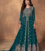 Teal Blue Embroidered Georgette Free Size Stitched Anarkali Suit. (Size Upto 42) Free size full stitched Up To 42" Size