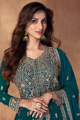 Teal Blue Embroidered Georgette Free Size Stitched Anarkali Suit. (Size Upto 42) Free size full stitched Up To 42" Size 2