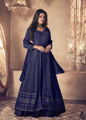 Blue georgette thread with sequience embroidered work festival gharara style salwar suit dupatta 1