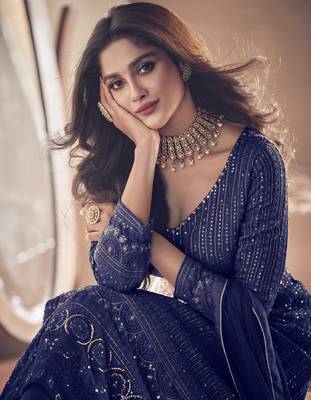 Blue georgette thread with sequience embroidered work festival gharara style salwar suit dupatta 2