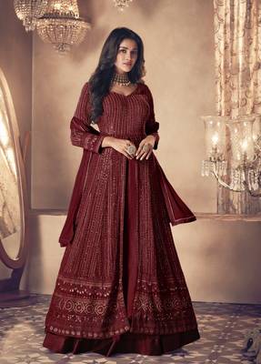Maroon georgette thread with sequience embroidered work festival gharara style salwar suit dupatta 1