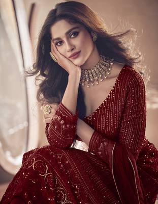 Maroon georgette thread with sequience embroidered work festival gharara style salwar suit dupatta 3