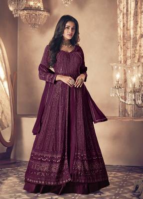 Purple georgette thread with sequience embroidered work festival gharara style salwar suit dupatta 1