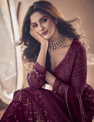 Purple georgette thread with sequience embroidered work festival gharara style salwar suit dupatta 3