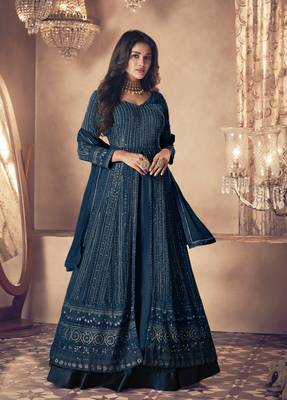 Turquoise georgette thread with sequience embroidered work festival gharara style salwar suit dupatta 1