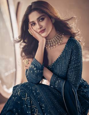 Turquoise georgette thread with sequience embroidered work festival gharara style salwar suit dupatta 3