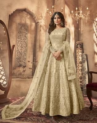 Cream net anarkali embroidered work festival long salwar suit dupatta 1