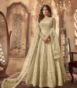 Cream net anarkali embroidered work festival long salwar suit dupatta