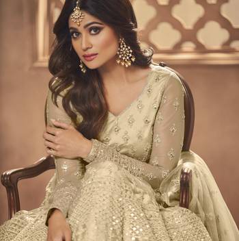 Cream net anarkali embroidered work festival long salwar suit dupatta 2