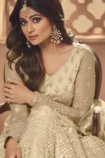 Cream net anarkali embroidered work festival long salwar suit dupatta