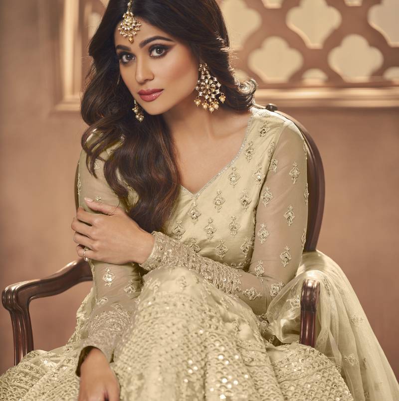 Cream net anarkali embroidered work festival long salwar suit dupatta