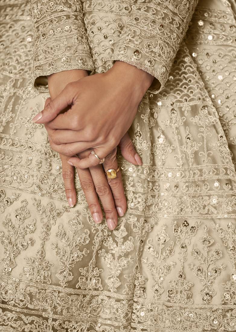 Cream net anarkali embroidered work festival long salwar suit dupatta