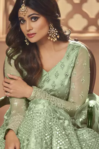 Green net anarkali embroidered work festival long salwar suit dupatta